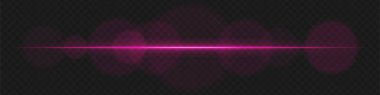 Şeffaf arka planda yumuşak dairesel parlaklığı olan mor yatay lens parlaması. Bilim kurgu görselleri, fütüristik HUD elementleri ve ışık efektleri için soyut ışınlar ideal.