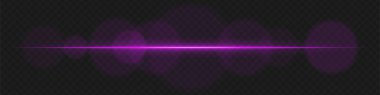 Şeffaf arka planda yumuşak dairesel parlaklığı olan mor yatay lens parlaması. Bilim kurgu görselleri, fütüristik HUD elementleri ve ışık efektleri için soyut ışınlar ideal.