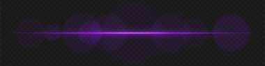 Şeffaf arka planda yumuşak dairesel parlaklığı olan mor yatay lens parlaması. Bilim kurgu görselleri, fütüristik HUD elementleri ve ışık efektleri için soyut ışınlar ideal.