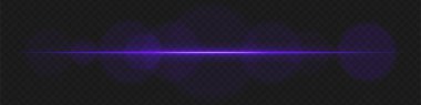 Şeffaf arka planda yumuşak dairesel parlaklığı olan mor yatay lens parlaması. Bilim kurgu görselleri, fütüristik HUD elementleri ve ışık efektleri için soyut ışınlar ideal.
