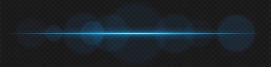 Şeffaf arka planda yumuşak dairesel parlaklığı olan mavi yatay lens parlaması. Bilim kurgu görselleri, fütüristik HUD elementleri ve ışık efektleri için soyut ışınlar ideal.