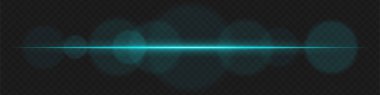 Şeffaf arka planda yumuşak dairesel parlaklığı olan mavi yatay lens parlaması. Bilim kurgu görselleri, fütüristik HUD elementleri ve ışık efektleri için soyut ışınlar ideal.