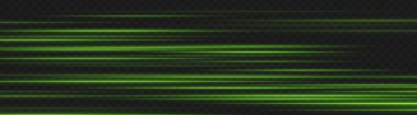 Yeşil hareket bulanık ışık çizgileri koyu şeffaf arkaplanda yatay çizgiler oluşturur. Dinamik UI ve hızlı hareket eden dijital tasarımlar için soyut hız çizgileri.