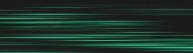 Yeşil hareket bulanık ışık çizgileri koyu şeffaf arkaplanda yatay çizgiler oluşturur. Dinamik UI ve hızlı hareket eden dijital tasarımlar için soyut hız çizgileri.