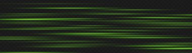 Yumuşak yeşil ışık çizgileri siyah arkaplanda katmanlı hareket ediyor. Dijital efektler, hızlı geçişler ve bilim kurgu animasyonları için yatay parlayan çizgiler.