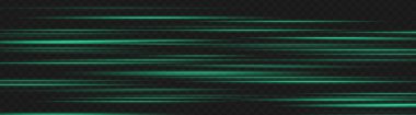 Yumuşak yeşil ışık çizgileri siyah arkaplanda katmanlı hareket ediyor. Dijital efektler, hızlı geçişler ve bilim kurgu animasyonları için yatay parlayan çizgiler.