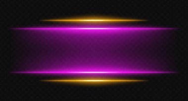 Şeffaf arkaplanda mor ve sarı parlak yatay ışınlar. Parlak katmanlı ışıklar dijital HUD, bilim kurgu UI kenarlıkları ve görsel aksanlar için mükemmeldir..