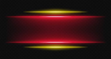 Şeffaf arkaplanda kırmızı ve sarı yatay ışınlar. Parlak katmanlı ışıklar dijital HUD, bilim kurgu UI kenarlıkları ve görsel aksanlar için mükemmeldir..