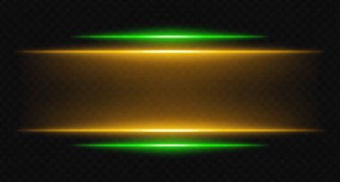 Şeffaf arkaplanda yeşil ve sarı yatay ışınlar. Parlak katmanlı ışıklar dijital HUD, bilim kurgu UI kenarlıkları ve görsel aksanlar için mükemmeldir..