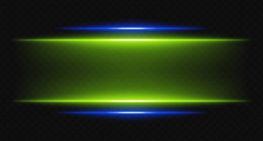 Şeffaf arkaplanda yeşil ve mavi yatay ışınlar. Parlak katmanlı ışıklar dijital HUD, bilim kurgu UI kenarlıkları ve görsel aksanlar için mükemmeldir..