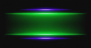 Şeffaf arkaplanda yeşil ve mavi yatay ışınlar. Parlak katmanlı ışıklar dijital HUD, bilim kurgu UI kenarlıkları ve görsel aksanlar için mükemmeldir..