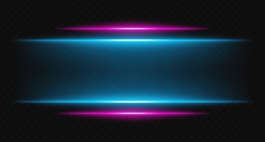 Şeffaf arka planda pembe ve mavi parlak yatay ışınlar. Parlak katmanlı ışıklar dijital HUD, bilim kurgu UI kenarlıkları ve görsel aksanlar için mükemmeldir..