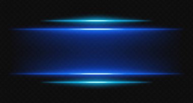 Şeffaf arkaplanda mavi parlak yatay ışınlar. Parlak katmanlı ışıklar dijital HUD, bilim kurgu UI kenarlıkları ve görsel aksanlar için mükemmeldir..