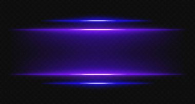 Şeffaf arka planda mor ve mavi parlak yatay ışınlar. Parlak katmanlı ışıklar dijital HUD, bilim kurgu UI kenarlıkları ve görsel aksanlar için mükemmeldir..