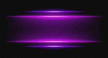 Şeffaf arka planda mor ve pembe parlak yatay ışınlar. Parlak katmanlı ışıklar dijital HUD, bilim kurgu UI kenarlıkları ve görsel aksanlar için mükemmeldir..
