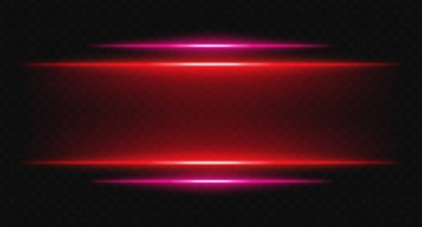 Şeffaf arkaplanda kırmızı ve pembe parlak yatay ışınlar. Parlak katmanlı ışıklar dijital HUD, bilim kurgu UI kenarlıkları ve görsel aksanlar için mükemmeldir..