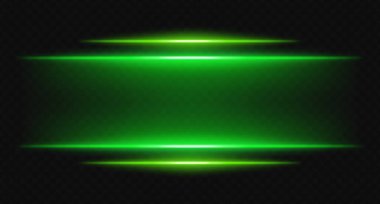Parlak yeşil yatay neon ışıklar katmanlı bulanık ve parlak. Bilim kurgu arayüzleri, HUD kenarlıkları ve dijital tasarım çerçeveleri için fütürist parlak çubuklar.