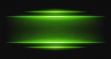 Parlak yeşil yatay neon ışıklar katmanlı bulanık ve parlak. Bilim kurgu arayüzleri, HUD kenarlıkları ve dijital tasarım çerçeveleri için fütürist parlak çubuklar.