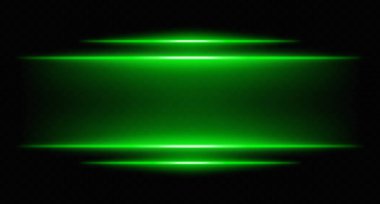 Parlak yeşil yatay neon ışıklar katmanlı bulanık ve parlak. Bilim kurgu arayüzleri, HUD kenarlıkları ve dijital tasarım çerçeveleri için fütürist parlak çubuklar.