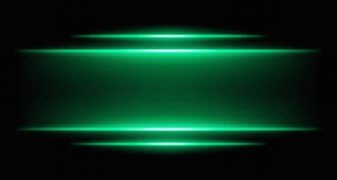 Parlak yeşil yatay neon ışıklar katmanlı bulanık ve parlak. Bilim kurgu arayüzleri, HUD kenarlıkları ve dijital tasarım çerçeveleri için fütürist parlak çubuklar.