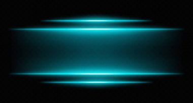 Parlak mavi neon ışıklar katmanlı bulanık ve parlak. Bilim kurgu arayüzleri, HUD kenarlıkları ve dijital tasarım çerçeveleri için fütürist parlak çubuklar.