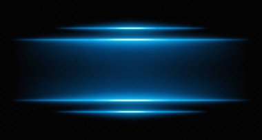 Parlak mavi neon ışıklar katmanlı bulanık ve parlak. Bilim kurgu arayüzleri, HUD kenarlıkları ve dijital tasarım çerçeveleri için fütürist parlak çubuklar.