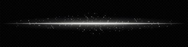 Koyu şeffaf arkaplanda dağınık parçacıklara sahip beyaz yatay ışık huzmesi. Sihirli efektler, veri iletimi veya gelecekteki geçişler için ideal.