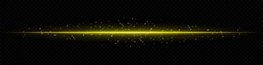 Koyu şeffaf arkaplanda dağınık parçacıklara sahip turuncu yatay ışık huzmesi. Sihirli efektler, veri iletimi veya gelecekteki geçişler için ideal.