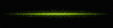 Koyu şeffaf arkaplanda dağınık parçacıklara sahip yeşil yatay ışık huzmesi. Sihirli efektler, veri iletimi veya gelecekteki geçişler için ideal.