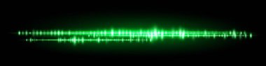 Zengin parlayan genlik çizgileri ve yumuşak ışık yansıması ile yeşil ses görselleştirmesi, akıllı asistan girişi veya müzik kontrolü UI için harika.