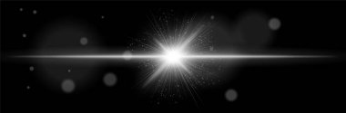Beyaz parlama yatay parlama, ışık parçacıkları, siyah arkaplanda radyal ışınlar. Enerji patlaması kavramı, bilim-kurgu etkisi, kozmik ışık, dijital aydınlatma, yıldız çekirdeği.