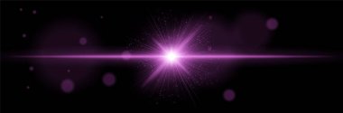 Yatay alevli mor bir patlama, ışık parçacıkları, siyah arkaplanda radyal ışınlar. Enerji patlaması kavramı, bilim-kurgu etkisi, kozmik ışık, dijital aydınlatma, yıldız çekirdeği.