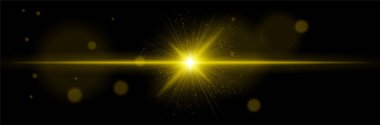 Sarı parlama yatay parlama, ışık parçacıkları, siyah arkaplanda radyal ışınlar. Enerji patlaması kavramı, bilim-kurgu etkisi, kozmik ışık, dijital aydınlatma, yıldız çekirdeği.