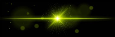 Yatay işaret fişeği, ışık parçacıkları, siyah arkaplanda radyal ışınlar. Enerji patlaması kavramı, bilim-kurgu etkisi, kozmik ışık, dijital aydınlatma, yıldız çekirdeği.