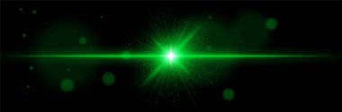Merkezi parıltılı yeşil yıldız patlaması, parlak noktalar, karanlık arka planda dinamik ışınlar. Fütürist enerji, uzay atımı, bilim kurgu ışını, kozmik ateşleme.