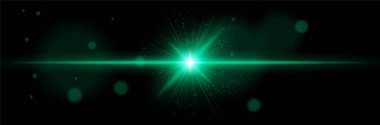 Merkezi parıltılı yeşil yıldız patlaması, parlak noktalar, karanlık arka planda dinamik ışınlar. Fütürist enerji, uzay atımı, bilim kurgu ışını, kozmik ateşleme.