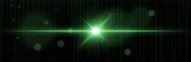 Yeşil ışık, dikey hareket çizgileri, işaret fişeği çekirdeği, yumuşak parıltılar. Kozmik olayı, dijital patlamayı, ışıma kuvvetini, enerji etkisini görselleştirir.
