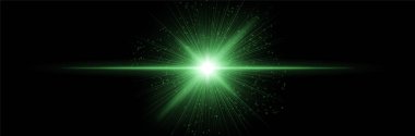 Radyal ışınlar ve parçacıklarla parlayan yeşil çekirdek, karanlık zemin üzerinde ışık parlaması yatay olarak uzanıyor. Bilimkurgu patlaması, kozmik darbe, dijital yıldız etkisi.