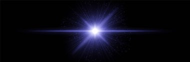 Radyal ışınlar ve parçacıklarla parlayan mavi çekirdek, karanlık zemin üzerinde ışık parlaması yatay olarak uzanıyor. Bilimkurgu patlaması, kozmik darbe, dijital yıldız etkisi.