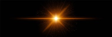 Radyal ışınlar ve parçacıklarla parlayan turuncu çekirdek, karanlık zemin üzerinde ışık alevi yatay olarak uzanıyor. Bilimkurgu patlaması, kozmik darbe, dijital yıldız etkisi.