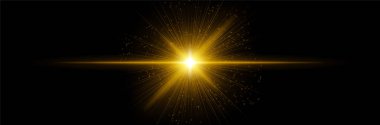Radyal ışınlar ve parçacıklarla parlayan sarı çekirdek, karanlık zemin üzerinde ışık parlaması yatay olarak uzanıyor. Bilimkurgu patlaması, kozmik darbe, dijital yıldız etkisi.