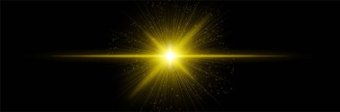Radyal ışınlar ve parçacıklarla parlayan sarı çekirdek, karanlık zemin üzerinde ışık parlaması yatay olarak uzanıyor. Bilimkurgu patlaması, kozmik darbe, dijital yıldız etkisi.