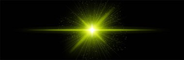 Radyal ışınlar ve parçacıklarla parlayan sarı çekirdek, karanlık zemin üzerinde ışık parlaması yatay olarak uzanıyor. Bilimkurgu patlaması, kozmik darbe, dijital yıldız etkisi.
