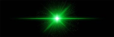 Radyal ışınlar ve parçacıklarla parlayan yeşil çekirdek, karanlık zemin üzerinde ışık parlaması yatay olarak uzanıyor. Bilimkurgu patlaması, kozmik darbe, dijital yıldız etkisi.