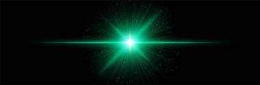 Radyal ışınlar ve parçacıklarla parlayan yeşil çekirdek, karanlık zemin üzerinde ışık parlaması yatay olarak uzanıyor. Bilimkurgu patlaması, kozmik darbe, dijital yıldız etkisi.