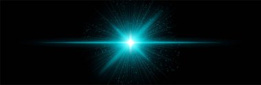 Doğrusal ışınlar, parlak noktalar ve karanlık uzaya yayılmış parlayan mavi çekirdek. Enerji patlamasını, dijital güç kaynağını, fantezi yıldız gücünü görselleştirir.