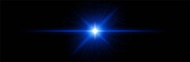 Doğrusal ışınlar, parlak noktalar ve karanlık uzaya yayılmış parlayan mavi çekirdek. Enerji patlamasını, dijital güç kaynağını, fantezi yıldız gücünü görselleştirir.
