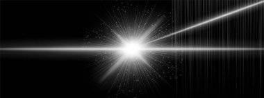 Fişek ışınları ve ek açılı ışınlar ile beyaz enerji patlaması. Dijital parçacıklar siyah arkaplanda yayılıyor. Bilimkurgu ateşlemesi, kozmik lazer etkisi öneriyor..