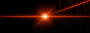 Kırmızı-turuncu enerji patlaması. Fişek ışınları ve ek açılı ışınlar. Dijital parçacıklar siyah arkaplanda yayılıyor. Bilimkurgu ateşlemesi, kozmik lazer etkisi öneriyor..