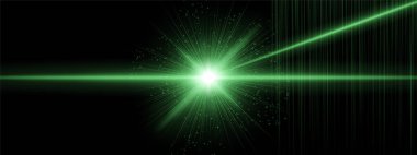 Fişek ışınları ve ek açılı ışınlar ile yeşil enerji patlaması. Dijital parçacıklar siyah arkaplanda yayılıyor. Bilimkurgu ateşlemesi, kozmik lazer etkisi öneriyor..